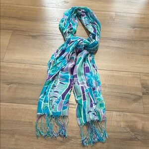 72” Lightweight Teal & Purple Floral Scarf with Tassels - Women Accessories